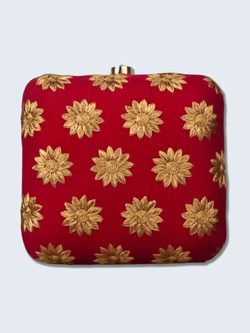 Floral Zari Embroidered Red Clutch in Velvet