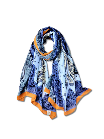 Blue city skyline scarf with yellow details