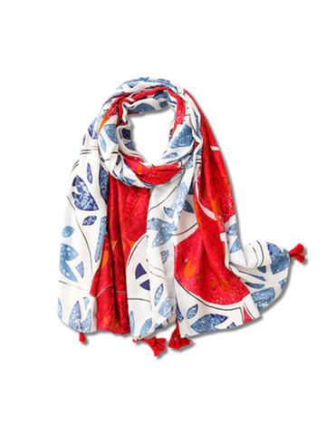 White and red scarf with blue lily print