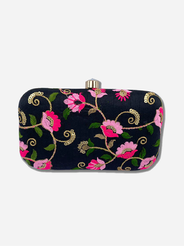 Black Embroidered Clutch with Pink Floral