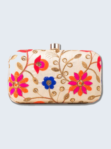 Off White Hand Embroidered Clutch with Red/Pink Florals