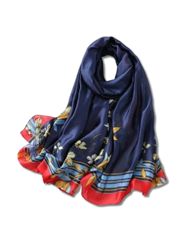 Navy blue silk scarf with blue lilies print