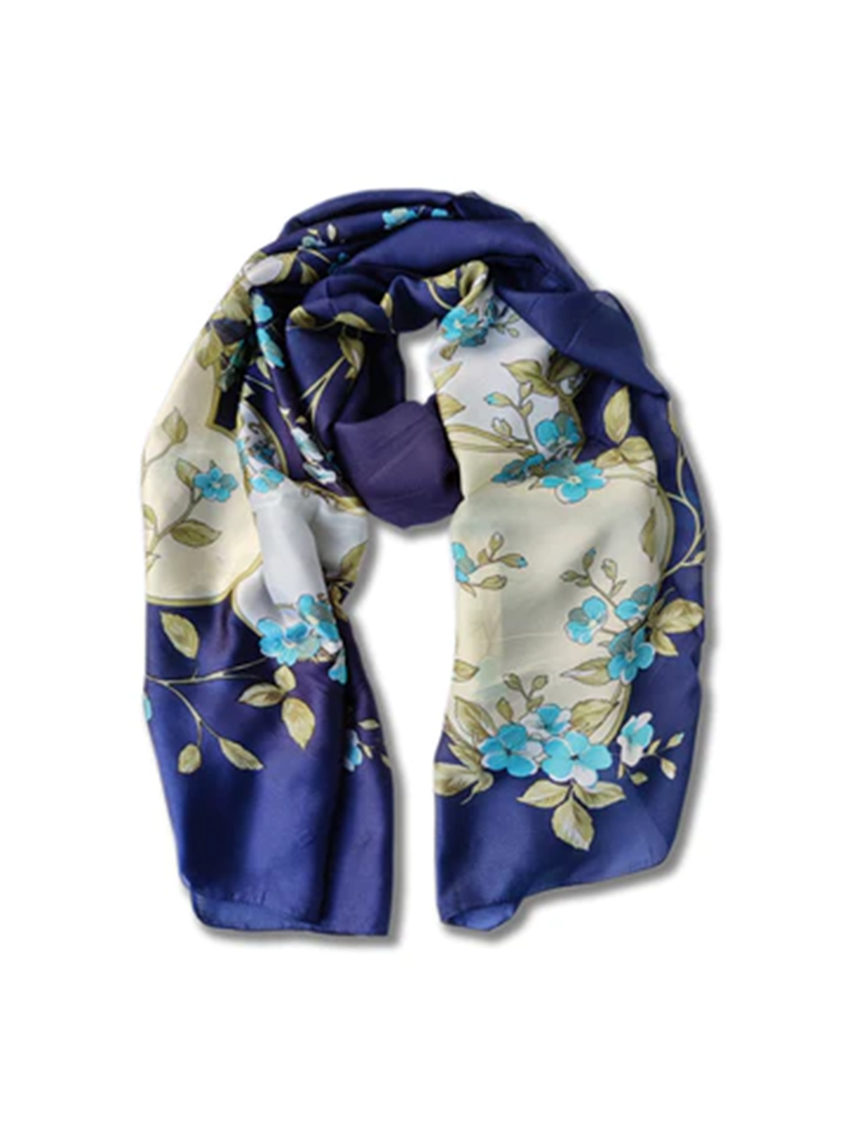 Navy blue silk scarf with sky blue florals