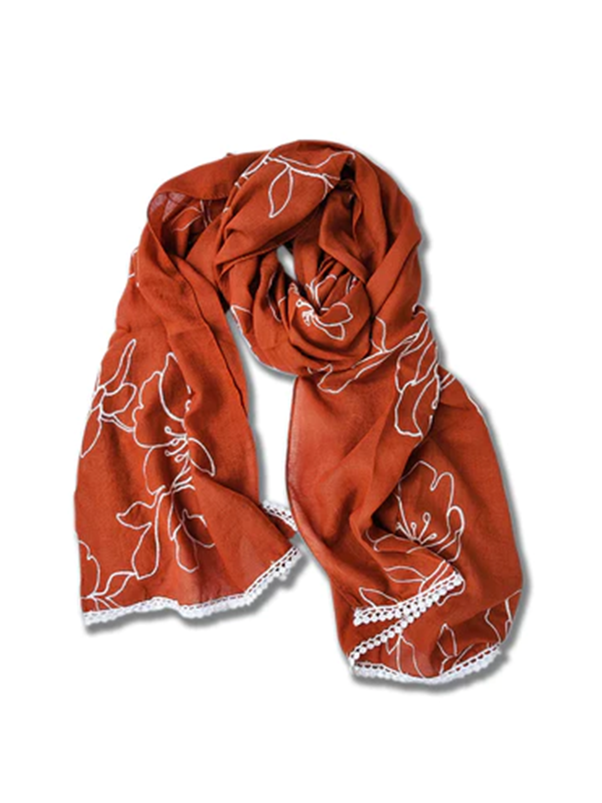 Brick red scarf with white embroidered flower