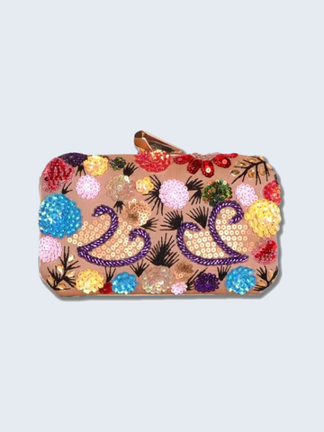 Banarasi Silk Golden clutch bag with floral sequins