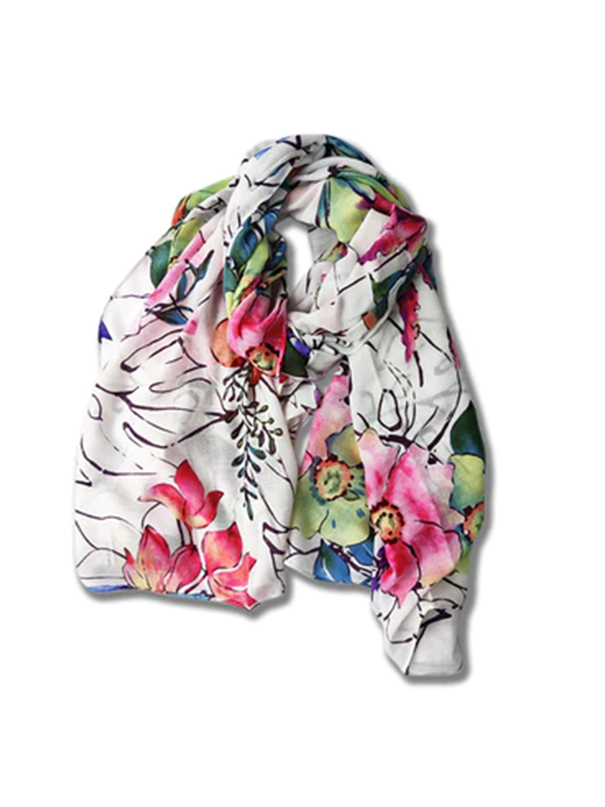 Cottage Garden white scarf with pink & green florals