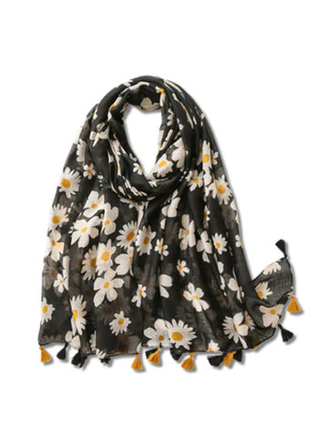 Black floral scarf with tassels in the ends