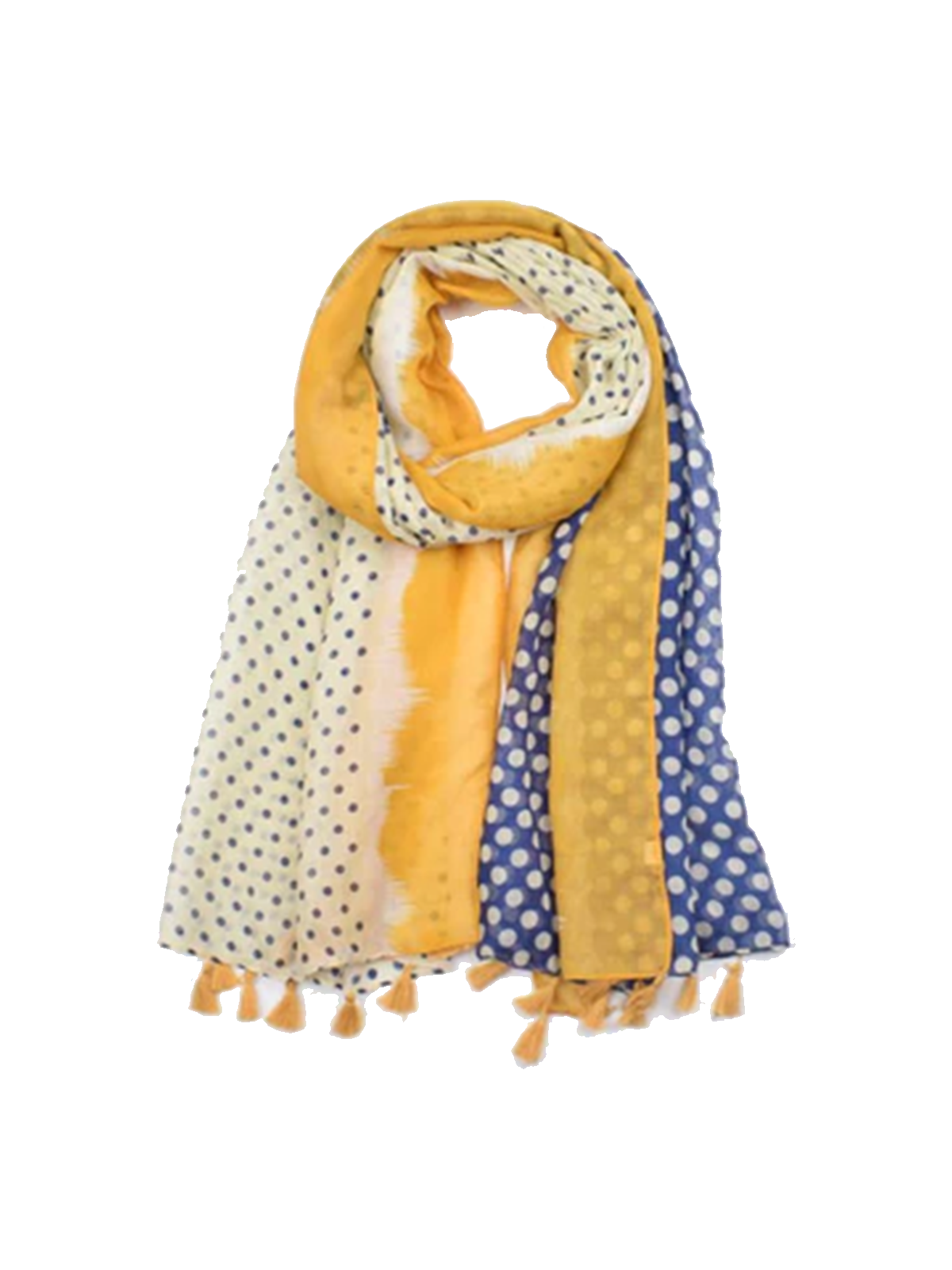 Blue and yellow polka dot scarf with tassels