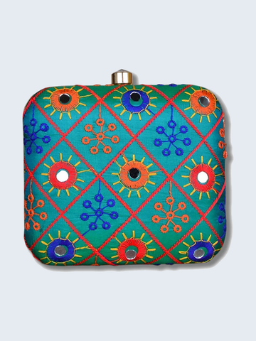 Turquoise Clutch Embroidery bag with mirror details