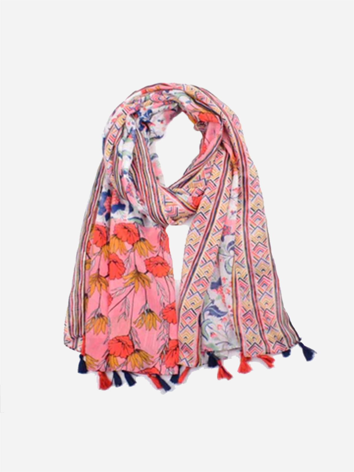 Pink floral scarf with tassels in the ends